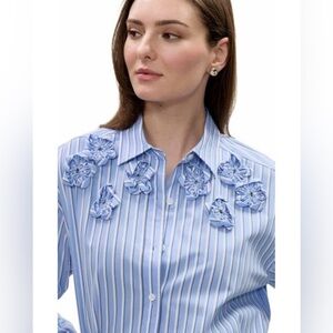 Rebecca Taylor Blue Striped Floral Embellished Women's Top